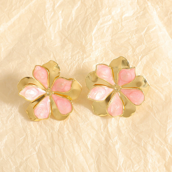 Women's Electroplated Alloy Flower Stud Earrings With Hollow Doublelayer Petal Design And Stainless Steel Posts