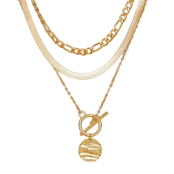 Women's Electroplated Alloy Geometric Coin Pendant Necklace With Snake Bone Chain And Layered Retro Design