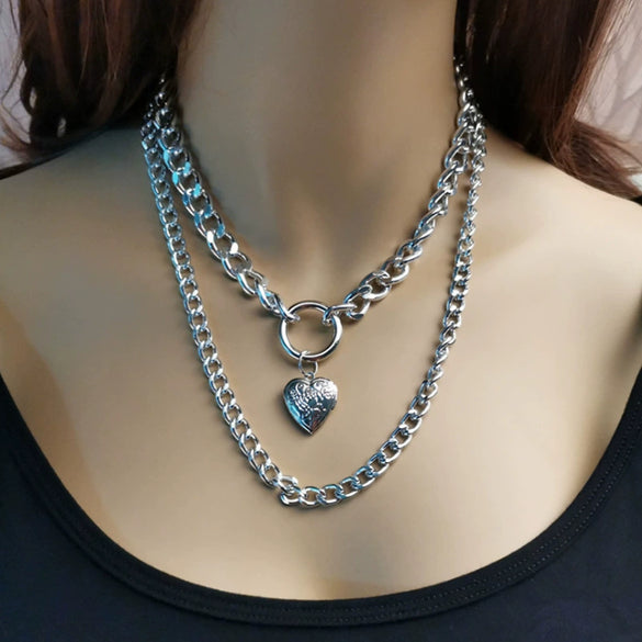 Women's Electroplated Alloy Layered Pendant Necklace With Openable Heart Geometric Ring And Letter Details