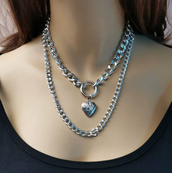 Women's Electroplated Alloy Layered Pendant Necklace With Openable Heart Geometric Ring And Letter Details