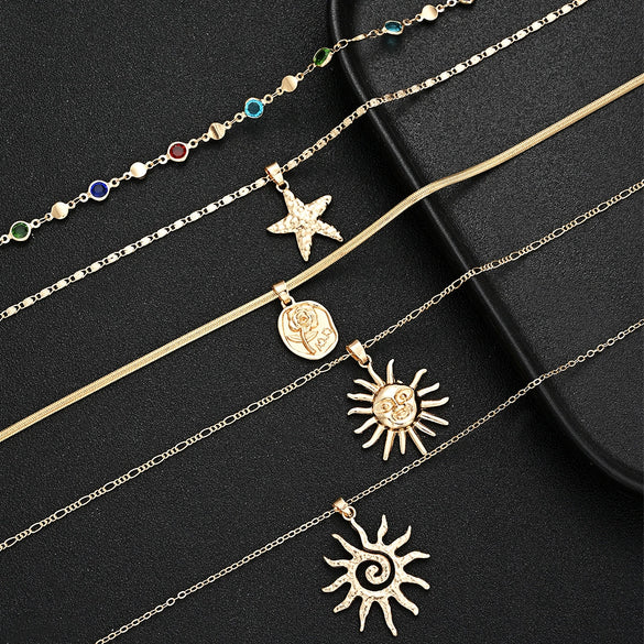 Women's Electroplated Alloy Yshaped Long Layered Necklace With Colorful Diamond Rose Starfish And Geometric Charms