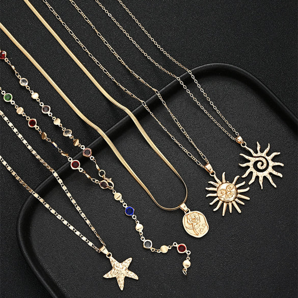 Women's Electroplated Alloy Yshaped Long Layered Necklace With Colorful Diamond Rose Starfish And Geometric Charms