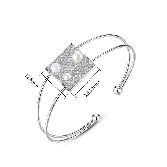Women's Electroplated Copper Bracelet With Microinlaid Zircon And Pearl Accents Double Circle Open Cuff Jewelry Wholesale