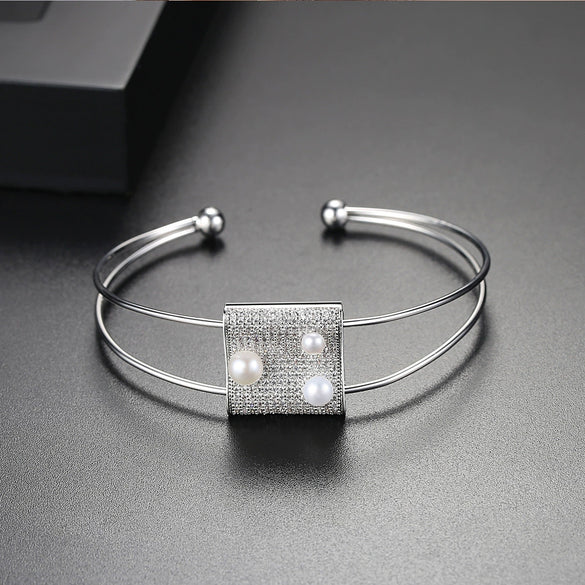 Women's Electroplated Copper Bracelet With Microinlaid Zircon And Pearl Accents Double Circle Open Cuff Jewelry Wholesale