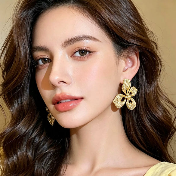 Women's Electroplated Copper Butterfly Flower Earrings With Steel Ear Needles And Sparkling High End Animal Inspired Style