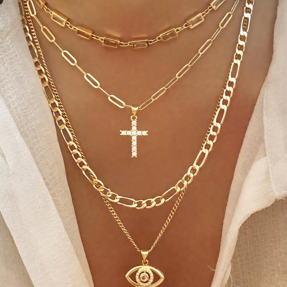 Women's Electroplated Copper Cross Pendant Necklace With Rhinestones And Geometric Multilayer Flat Chain Collar Necklace