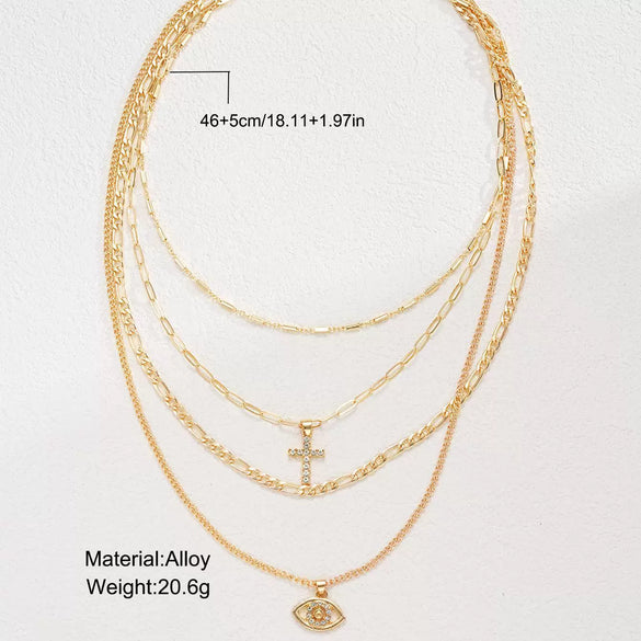 Women's Electroplated Copper Cross Pendant Necklace With Rhinestones And Geometric Multilayer Flat Chain Collar Necklace