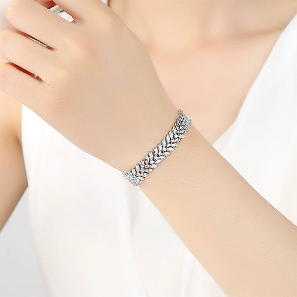 Women's Electroplated Copper Crystal Wheat Bracelet With Horse Eye Zircon And Geometric Leaf Detail Fashion Jewelry