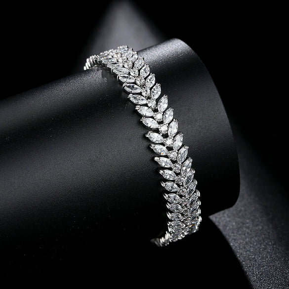 Women's Electroplated Copper Crystal Wheat Bracelet With Horse Eye Zircon And Geometric Leaf Detail Fashion Jewelry