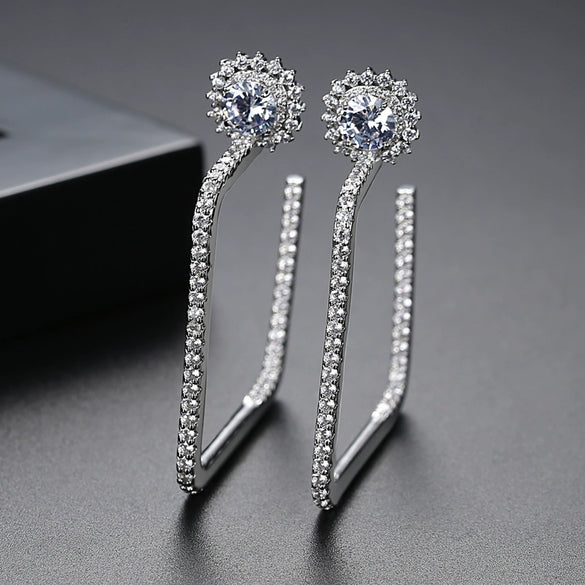 Women's Electroplated Copper Earrings With Microinlaid Zircon Geometric Flower Design Square Statement Fashion Jewelry