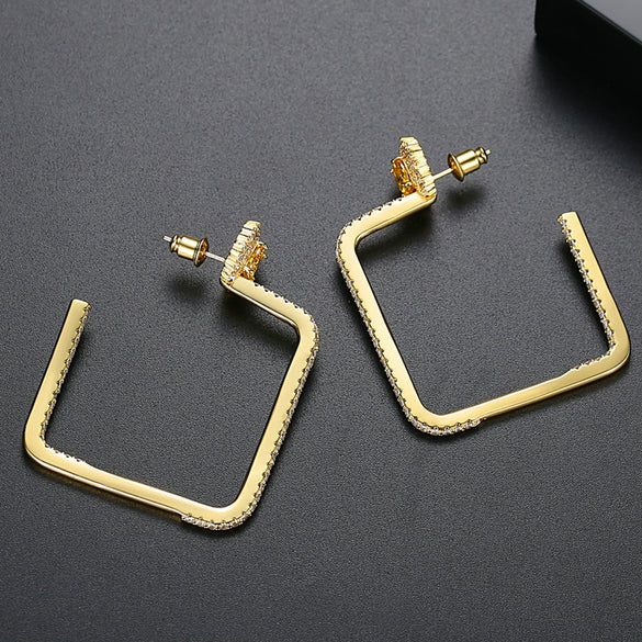 Women's Electroplated Copper Earrings With Microinlaid Zircon Geometric Flower Design Square Statement Fashion Jewelry