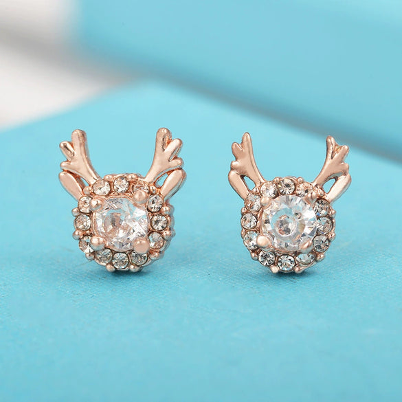 Women's Electroplated Copper Elk Antler Earrings With Snowflake Zircon And Stainless Steel Posts