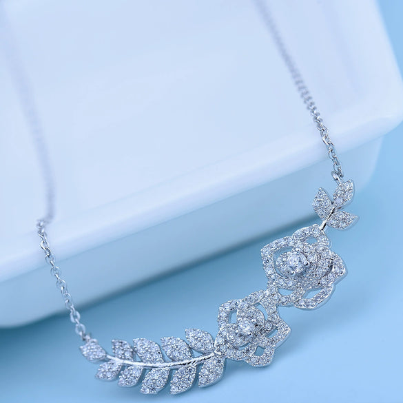 Women's Electroplated Copper Flower Branch Necklace With Clear Zircon Pendant And Cross Chain Fashion Jewelry