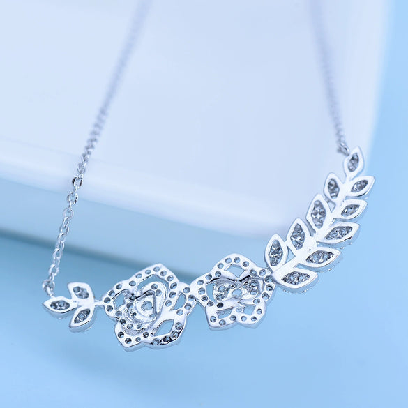 Women's Electroplated Copper Flower Branch Necklace With Clear Zircon Pendant And Cross Chain Fashion Jewelry