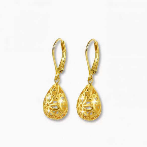 Women's Electroplated Copper Hollow Heart Drop Pendant Earrings With Glossy Three Dimensional Design And Elegant Literary Style
