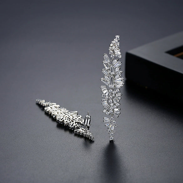 Women's Electroplated Copper Leaf Tassel Earrings With Zircon Accents Long Fashion Drop Earrings Jewelry