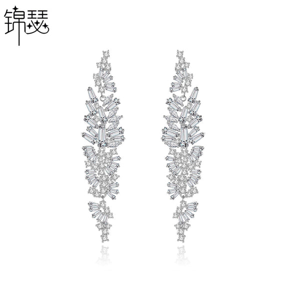 Women's Electroplated Copper Leaf Tassel Earrings With Zircon Accents Long Fashion Drop Earrings Jewelry