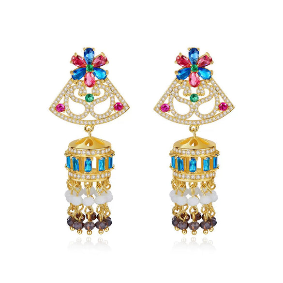 Women's Electroplated Copper Tassel Earrings With Zircon Inlay And Vintage Wind Chime Design Fashion Jewelry Wholesale