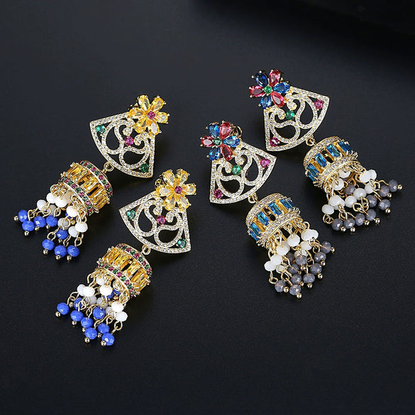 Women's Electroplated Copper Tassel Earrings With Zircon Inlay And Vintage Wind Chime Design Fashion Jewelry Wholesale
