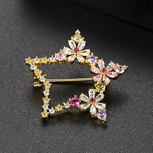 Women's Electroplated Copper Zircon Star Brooch Fivepointed Minimalist Fashion Jewelry Accessory