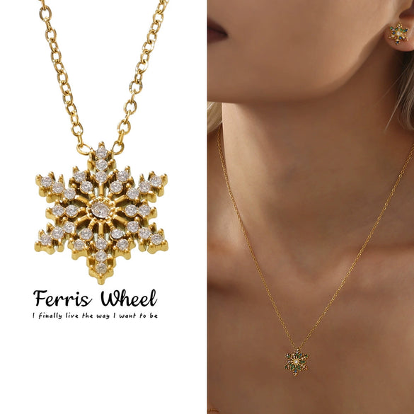 Women's Electroplated Geometric Snowflake Ferris Wheel Design Stainless Steel Zircon Pendant Clavicle Necklace Jewelry