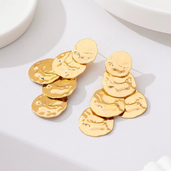 Women's Electroplated Iron Alloy Flower Pendant Earrings With Hammered Texture Irregular Sequin Details And Stainless Steel Ear Needles