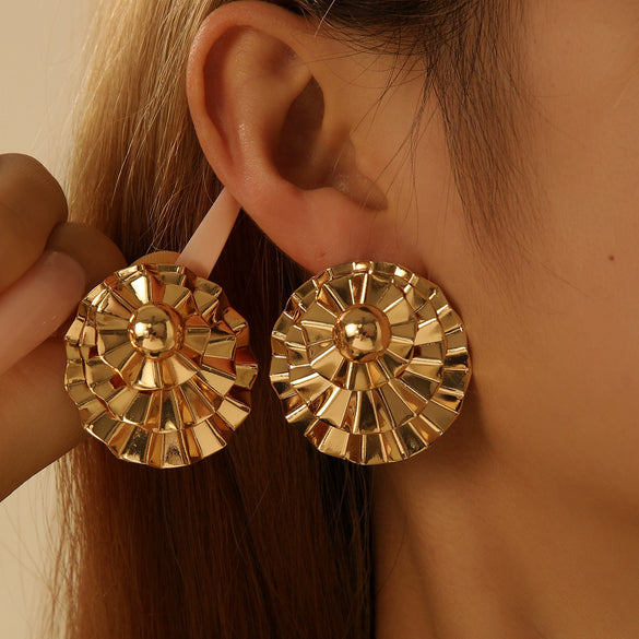 Women's Electroplated Iron Flower And Leaf Cutout Earrings With Geometric Fanshaped Design And Stainless Steel Ear Posts Retro Statement Jewelry