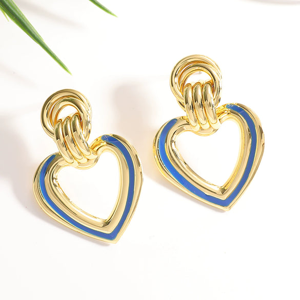 Women’s Electroplated Iron Geometric Double Heart Drop Earrings With Hollow Design And Stainless Steel Ear Posts