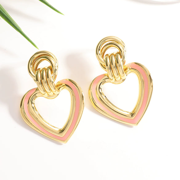 Women’s Electroplated Iron Geometric Double Heart Drop Earrings With Hollow Design And Stainless Steel Ear Posts