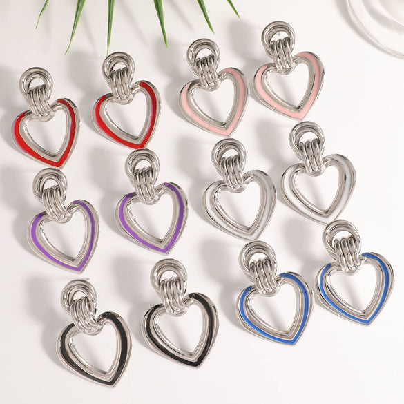 Women’s Electroplated Iron Geometric Double Heart Drop Earrings With Hollow Design And Stainless Steel Ear Posts