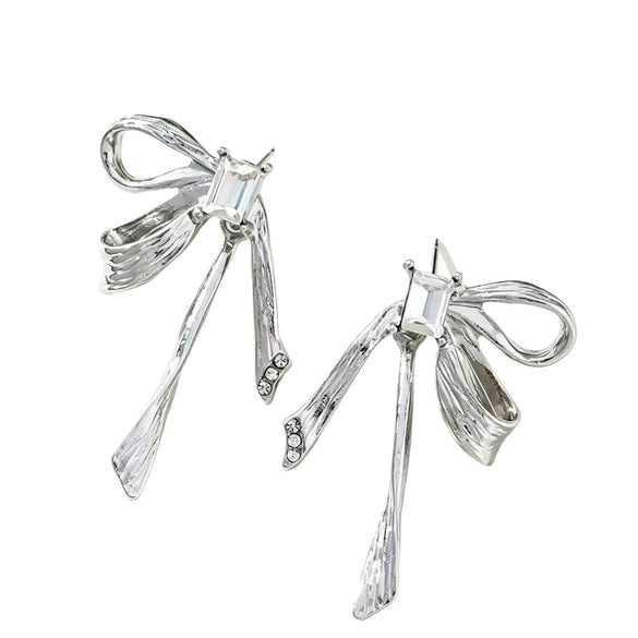 Women's Electroplated Metal Bow Tassel Earrings With Zircon Accents Simple Ribbon Style Artistic Jewelry