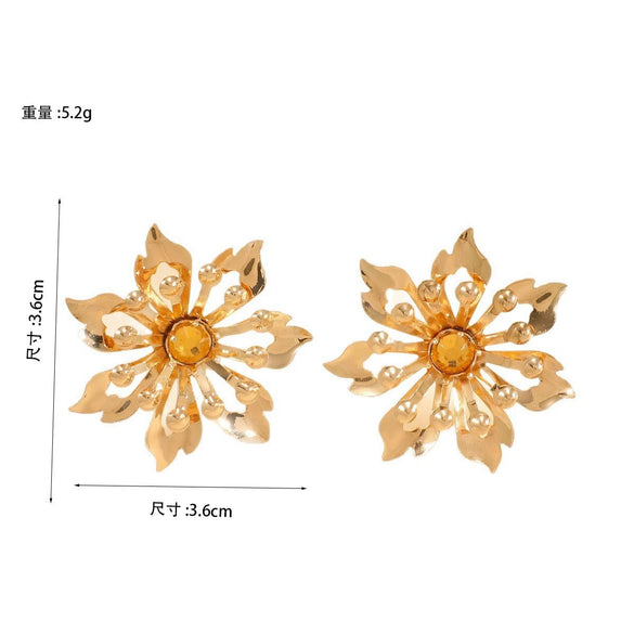 Women's Electroplated Metal Flower Earrings With Chrysanthemum Petal Design Exaggerated Retro Statement Style And Stainless Steel Ear Posts
