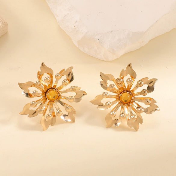 Women's Electroplated Metal Flower Earrings With Chrysanthemum Petal Design Exaggerated Retro Statement Style And Stainless Steel Ear Posts