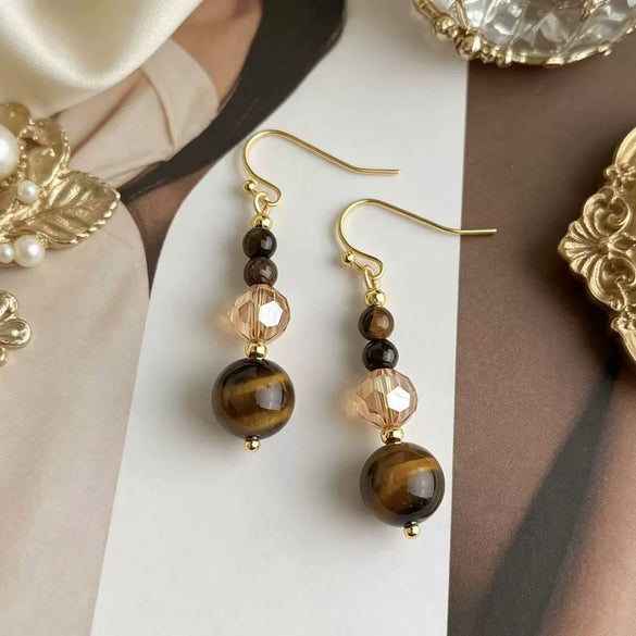 Women's Electroplated Metal Geometric Beaded Earrings With Glass Crystal And Tiger Eye Stone Accents