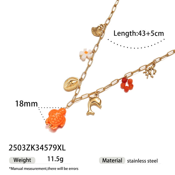 Women's Electroplated Stainless Steel And Titanium Steel Necklace With Turtle And Fish Ceramic Pendant