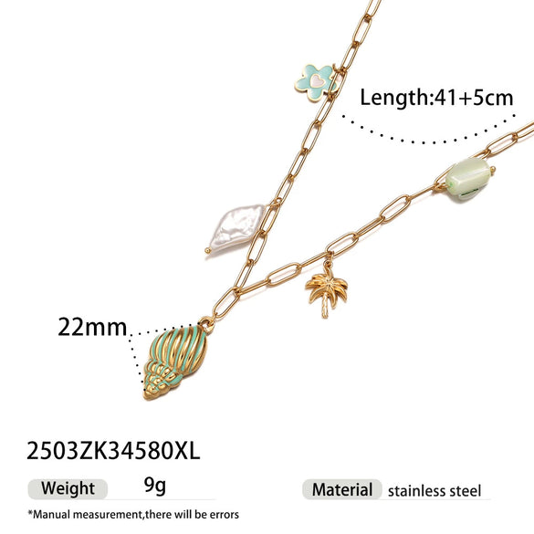 Women's Electroplated Stainless Steel And Titanium Steel Necklace With Turtle And Fish Ceramic Pendant