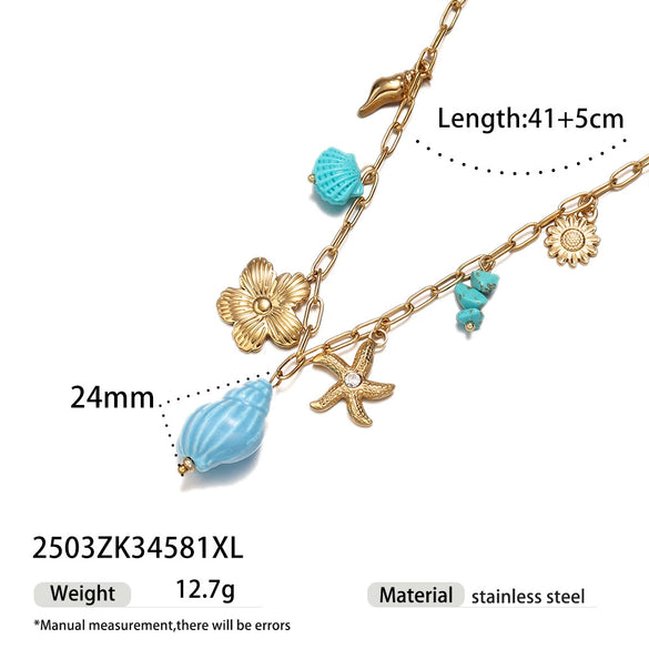 Women's Electroplated Stainless Steel And Titanium Steel Necklace With Turtle And Fish Ceramic Pendant