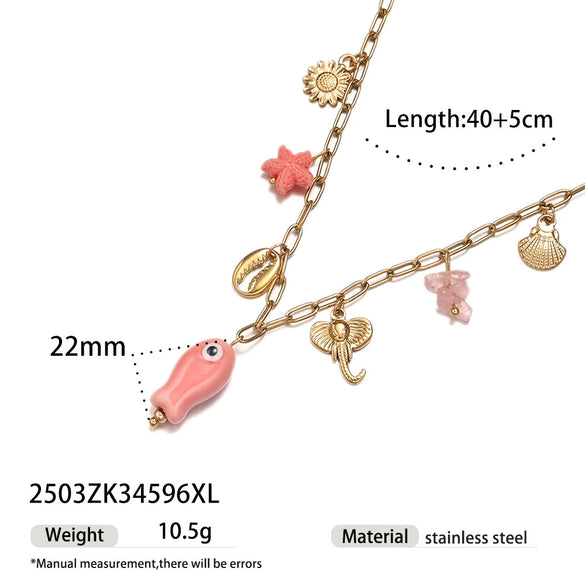 Women's Electroplated Stainless Steel And Titanium Steel Necklace With Turtle And Fish Ceramic Pendant