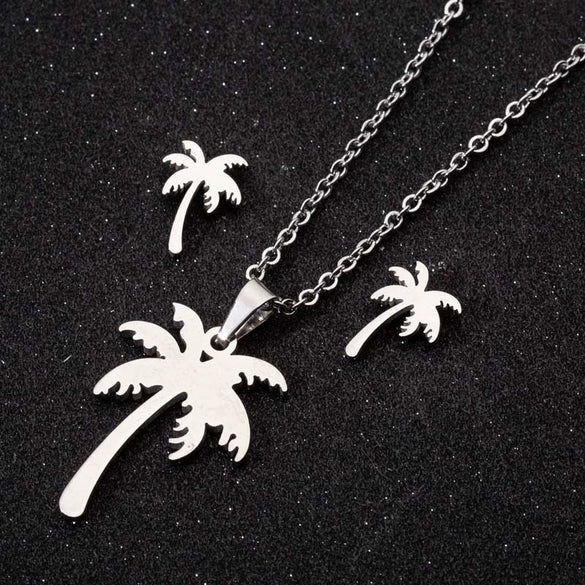 Women's Electroplated Stainless Steel Coconut Tree Necklace And Earrings Set With Ochain Design