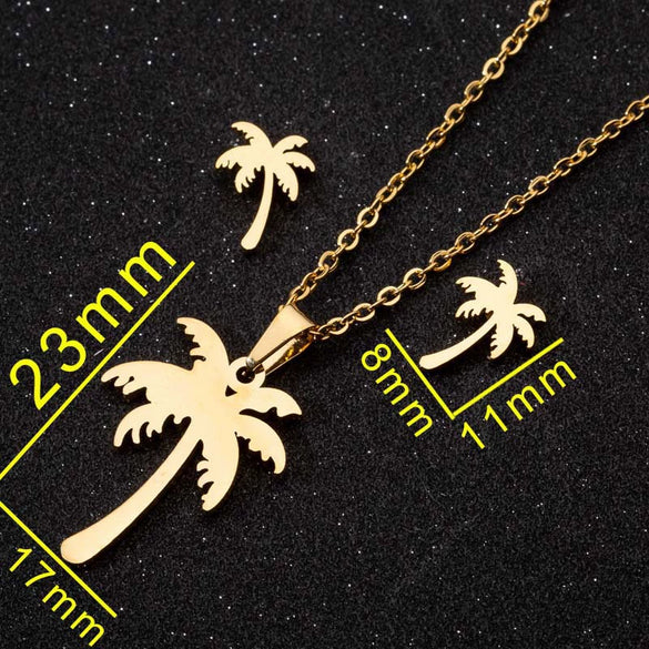 Women's Electroplated Stainless Steel Coconut Tree Necklace And Earrings Set With Ochain Design