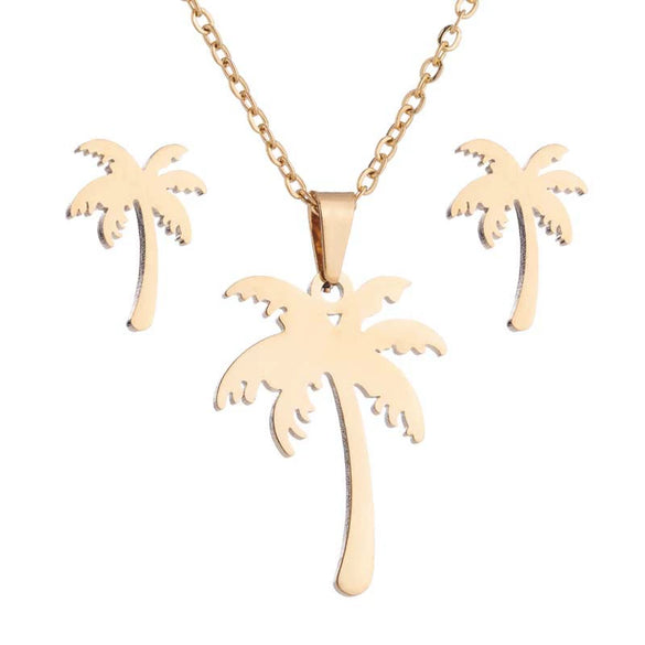 Women's Electroplated Stainless Steel Coconut Tree Necklace And Earrings Set With Ochain Design