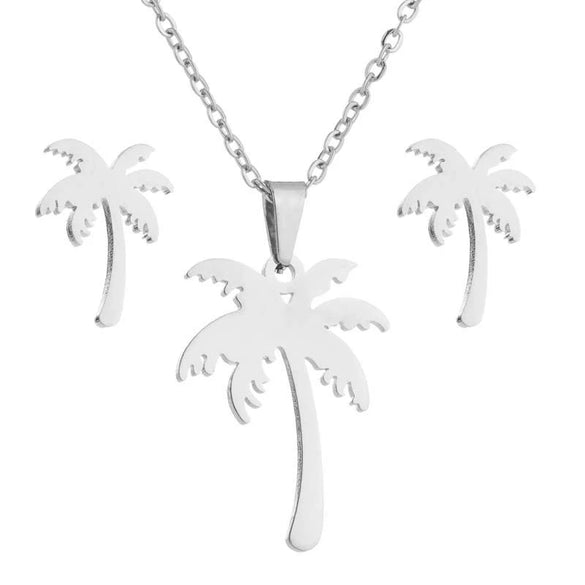 Women's Electroplated Stainless Steel Coconut Tree Necklace And Earrings Set With Ochain Design