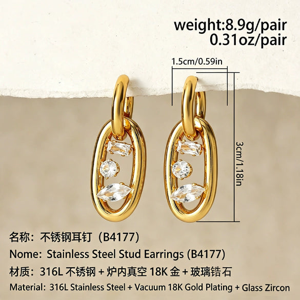 Women's Electroplated Stainless Steel Geometric Teardrop Double Hoop Clipon Earrings With Zircon Accents