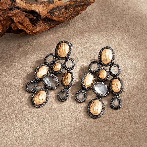 Women's Electroplated Zinc Alloy Teardrop And Oval Rhinestone Tassel Earrings With Stainless Steel Posts Geometric Light Luxury Jewelry