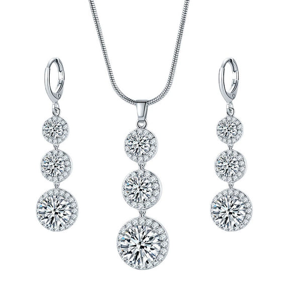Women's Electroplated Zircon Drop Shape Necklace And Earrings Jewelry Set With Snake Bone Chain Water Drop Design