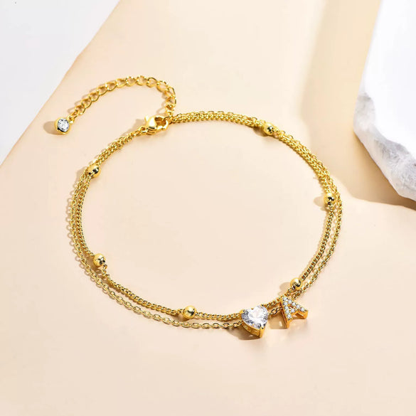 Women's Elegant Copper Layered Anklet With Heart Shaped Zircon Inlay Letter Bead Pendant Adjustable Ankle Chain