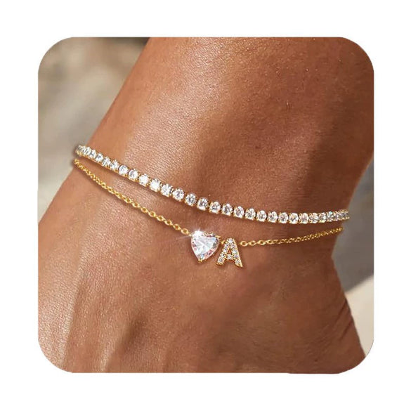 Women's Elegant Copper Layered Anklet With Heart Shaped Zircon Inlay Letter Bead Pendant Adjustable Ankle Chain