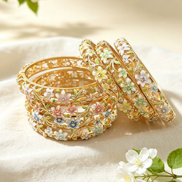Women's Elegant Enamel Openwork Floral Bracelet With Painted Details And Sparkling Diamond Accents Plated Jewelry Accessory