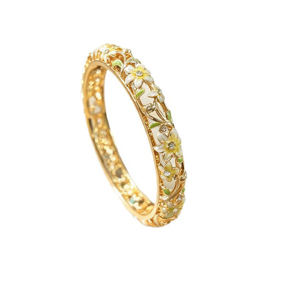 Women's Elegant Enamel Openwork Floral Bracelet With Painted Details And Sparkling Diamond Accents Plated Jewelry Accessory