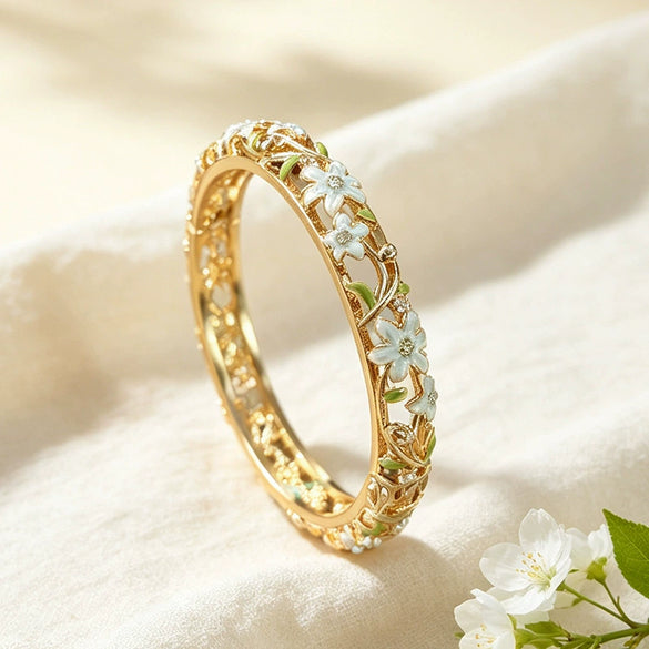 Women's Elegant Enamel Openwork Floral Bracelet With Painted Details And Sparkling Diamond Accents Plated Jewelry Accessory